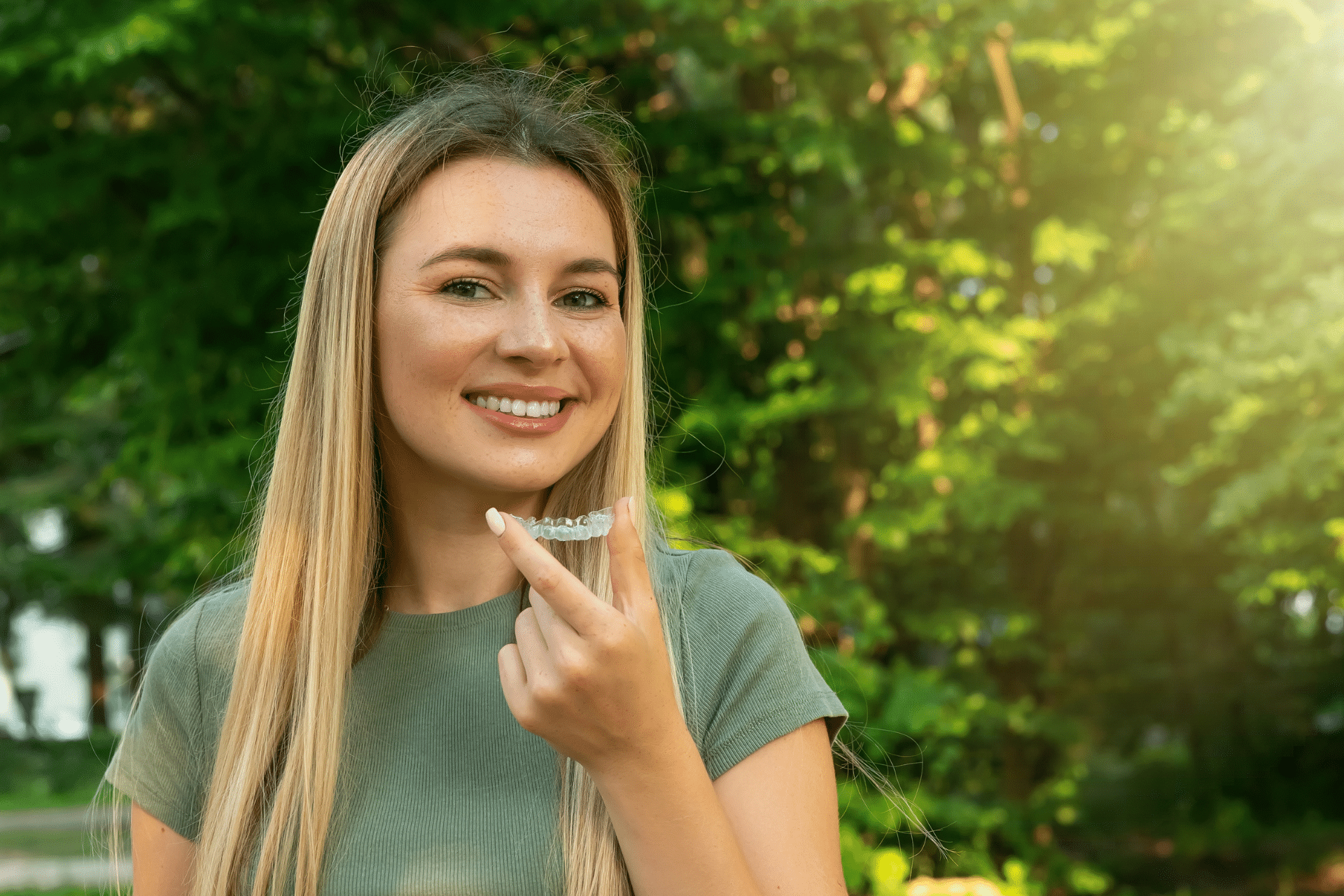 Young blonde woman smiling and holding a clear aligner outdoors